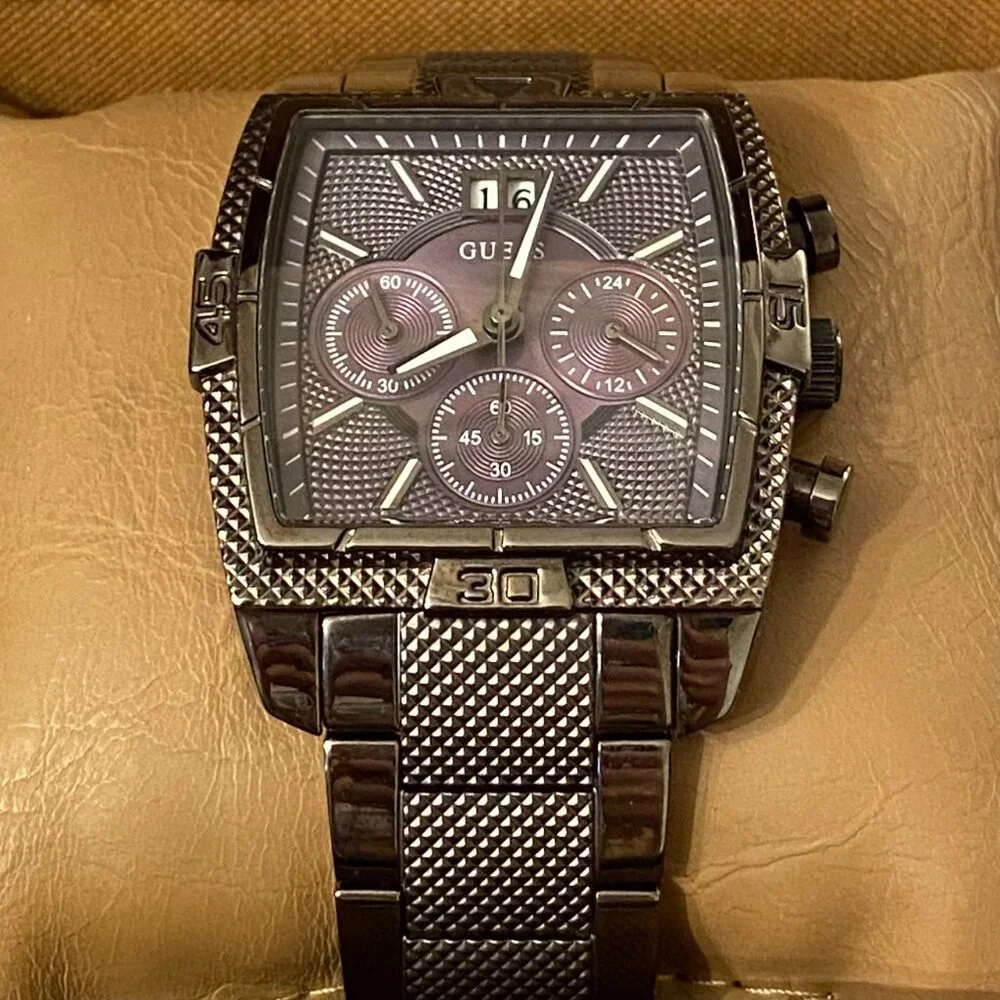 Men's GUESS Watch Gunmetal Gray Classic Rectangular Face and Steel Band with Box